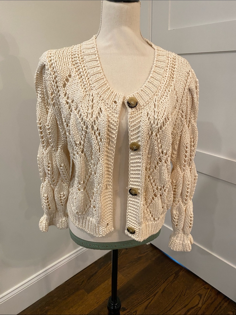 ba&sh Ivory Open-Knit Button Cardigan